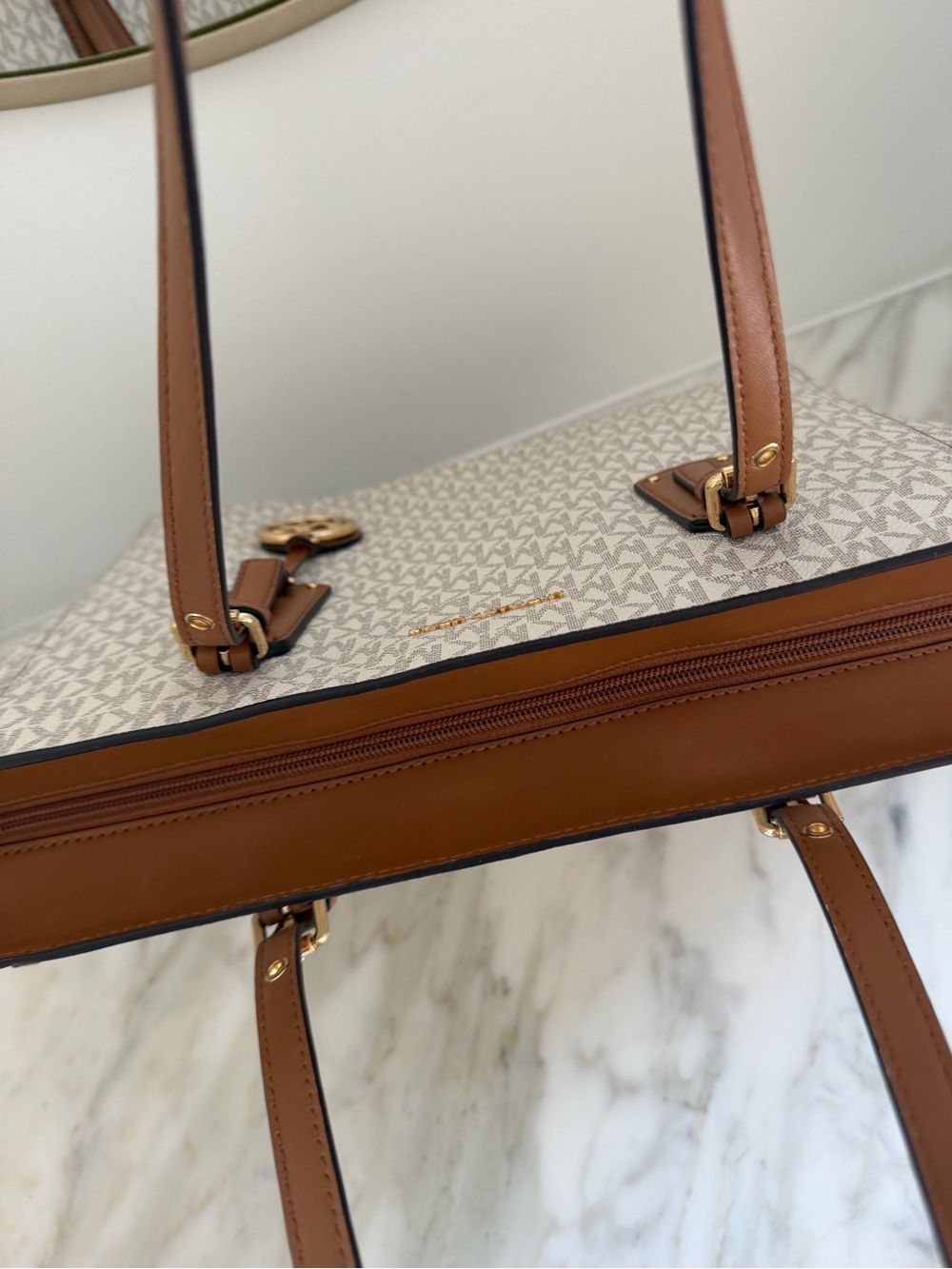 Michael Kors Cream and Brown MK Signature Shoulder Tote - Picture 4 of 11